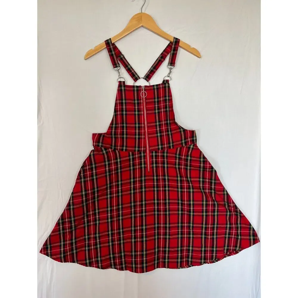 Hot Topic Plaid O-Ring Skirtall Overall Dress Womens Small Pockets Red Black - Picture 2 of 13